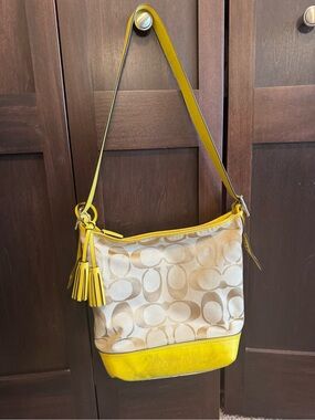 Coach Beige Signature Canvas Shoulder Bag with Yellow Trim